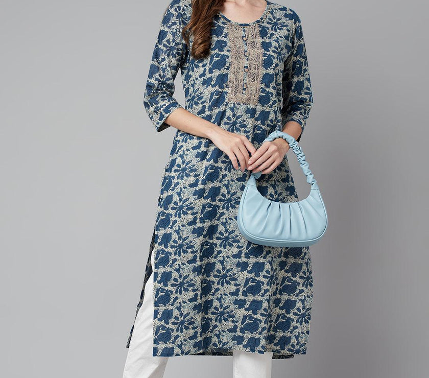 Divena Blue Floral Cotton Straight Kurta - divena world