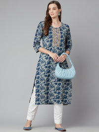 Divena Blue Floral Cotton Straight Kurta - divena world