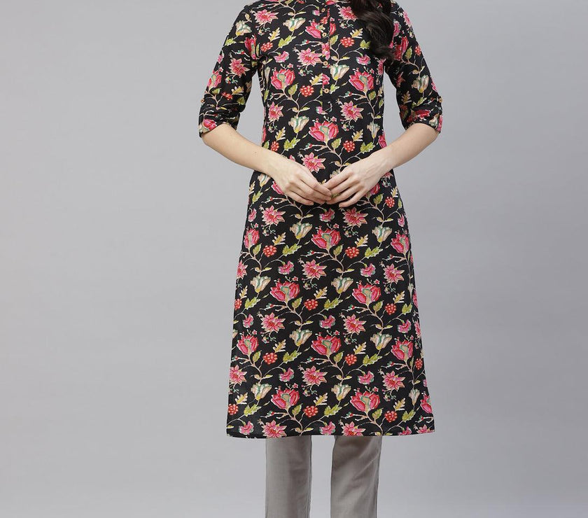 Divena Black Floral Cotton Straight Kurti - divena world