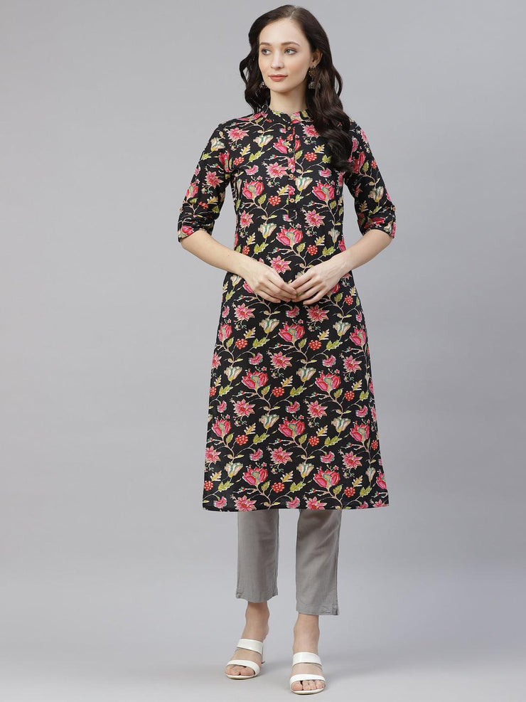 Divena Black Floral Cotton Straight Kurti - divena world