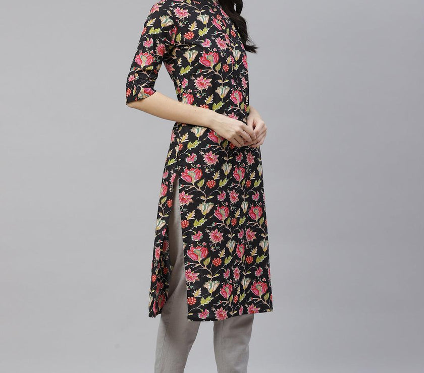 Divena Black Floral Cotton Straight Kurti - divena world