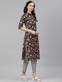 Divena Black Floral Cotton Straight Kurti - divena world