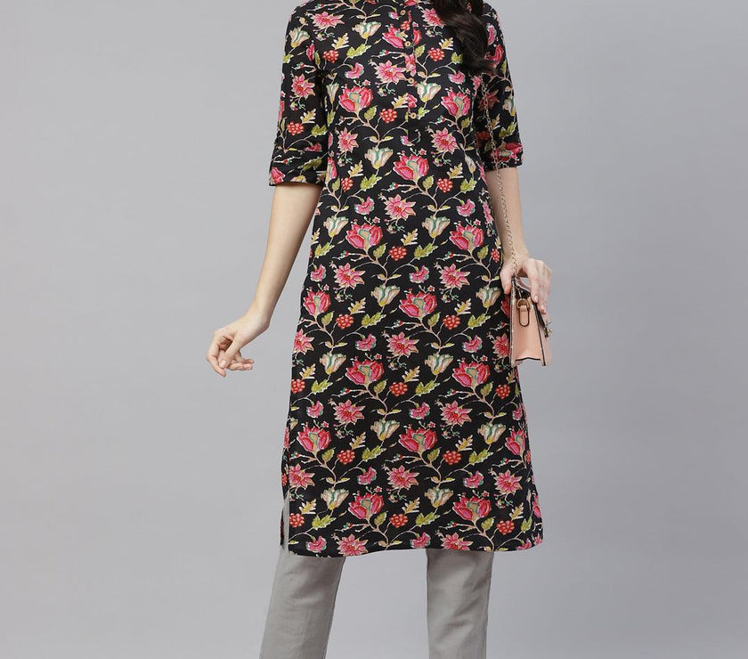 Divena Black Floral Cotton Straight Kurti - divena world