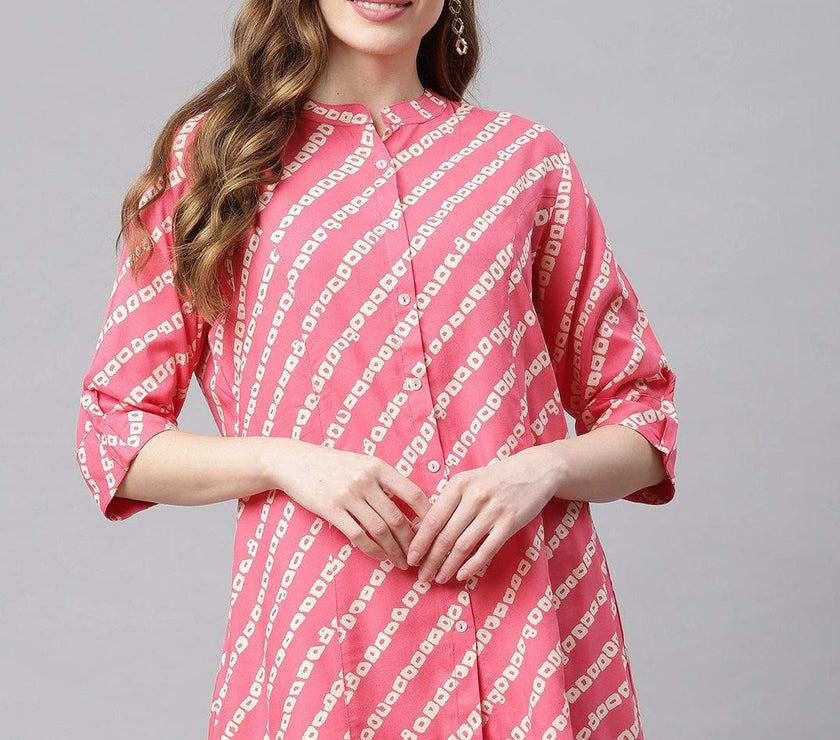 Divena Pink Bandhani Rayon A-line Shirt Style Top - divena world