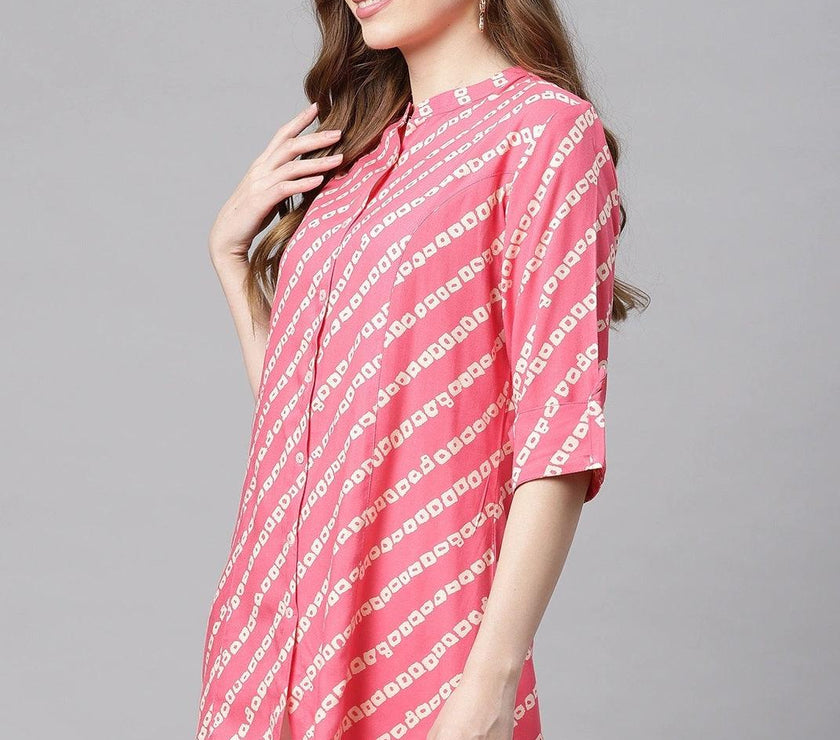 Divena Pink Bandhani Rayon A-line Shirt Style Top - divena world