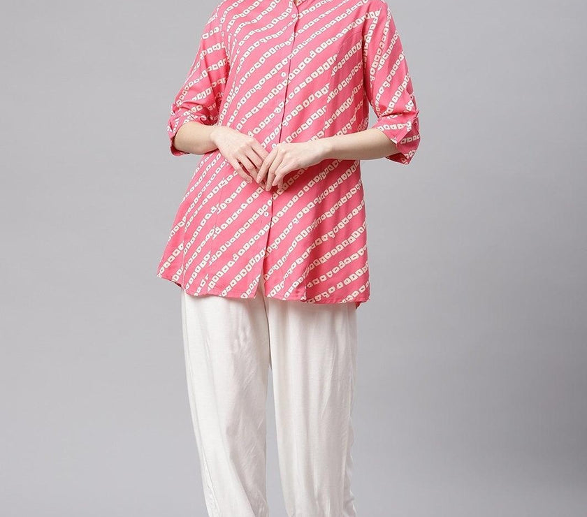 Divena Pink Bandhani Rayon A-line Shirt Style Top - divena world