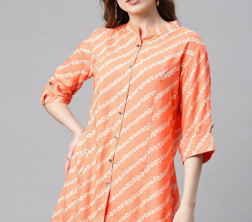 Divena Orange Bandhani Rayon A-line Shirt Style Top - divena world