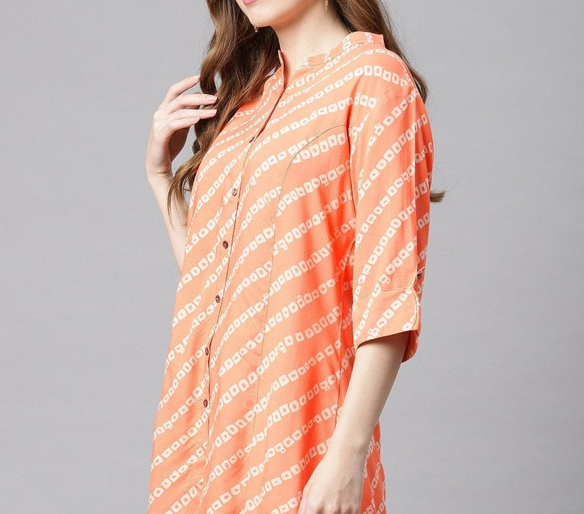 Divena Orange Bandhani Rayon A-line Shirt Style Top - divena world