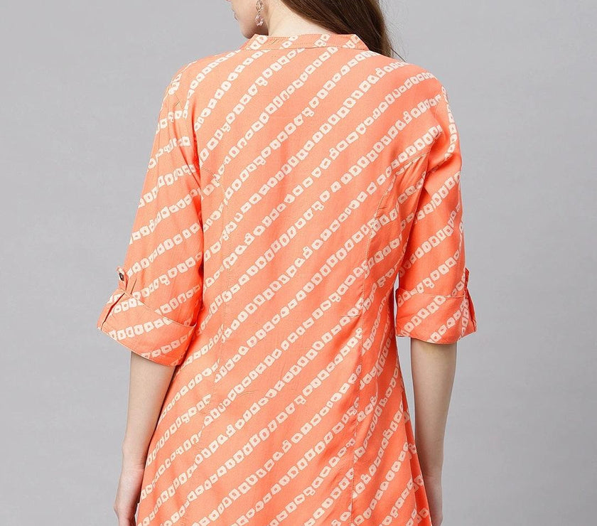 Divena Orange Bandhani Rayon A-line Shirt Style Top - divena world