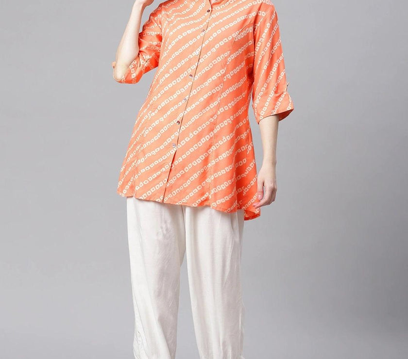 Divena Orange Bandhani Rayon A-line Shirt Style Top - divena world