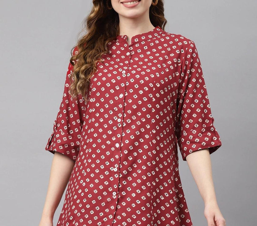 Divena Maroon Bandhani Print Shirt Style A-line Top - divena world