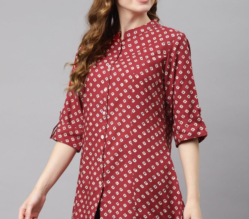 Divena Maroon Bandhani Print Shirt Style A-line Top - divena world