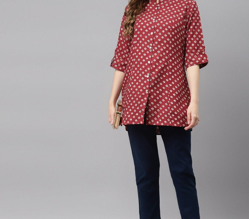 Divena Maroon Bandhani Print Shirt Style A-line Top - divena world