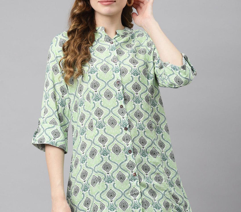 Divena Light Green Floral Rayon Shirt Style A-line Top - divena world