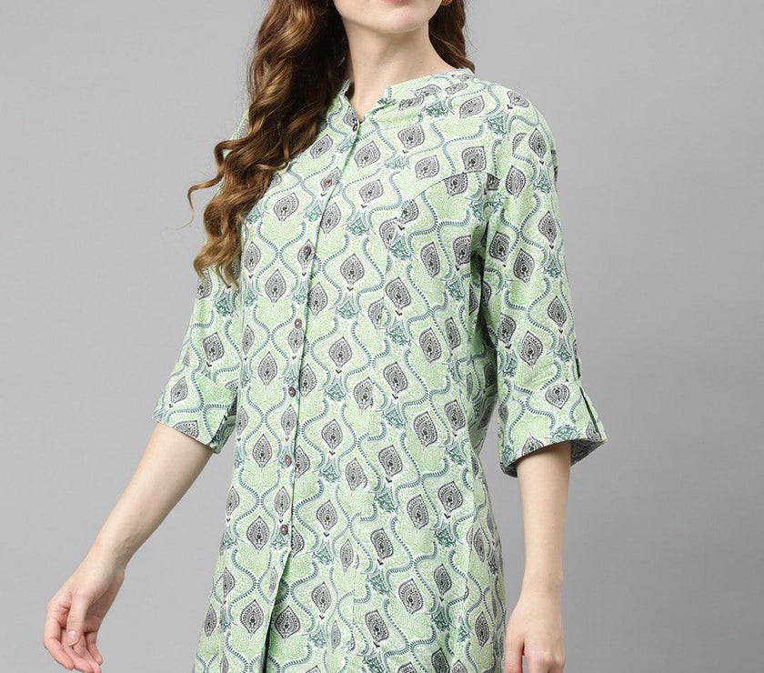 Divena Light Green Floral Rayon Shirt Style A-line Top - divena world