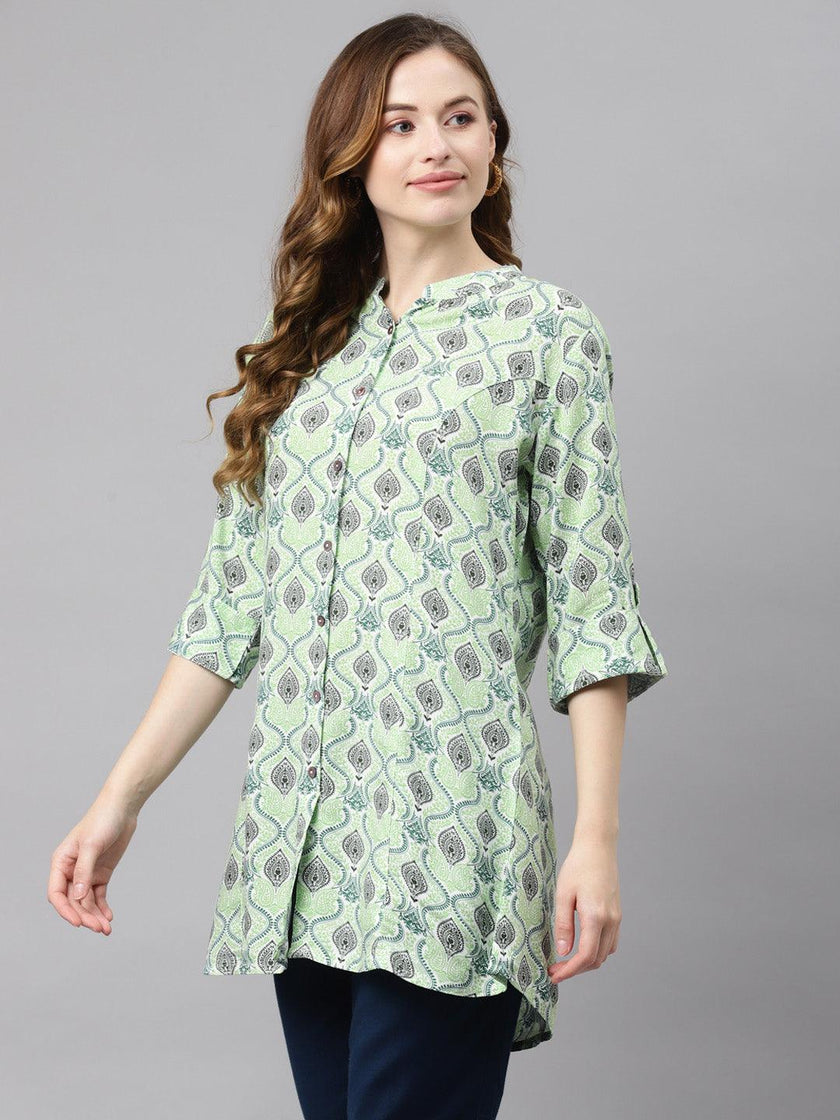 Divena Light Green Floral Rayon Shirt Style A-line Top - divena world