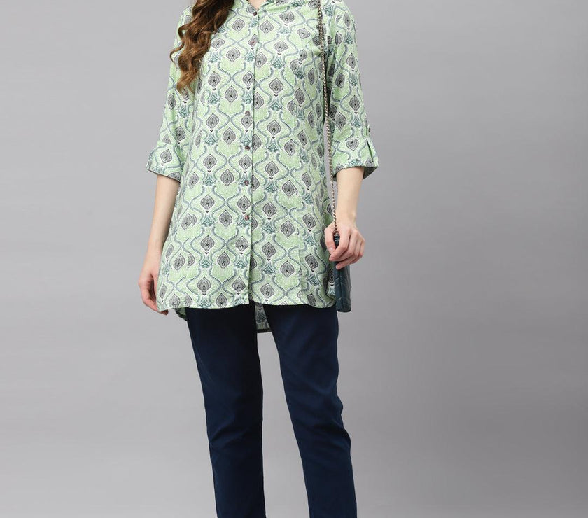 Divena Light Green Floral Rayon Shirt Style A-line Top - divena world