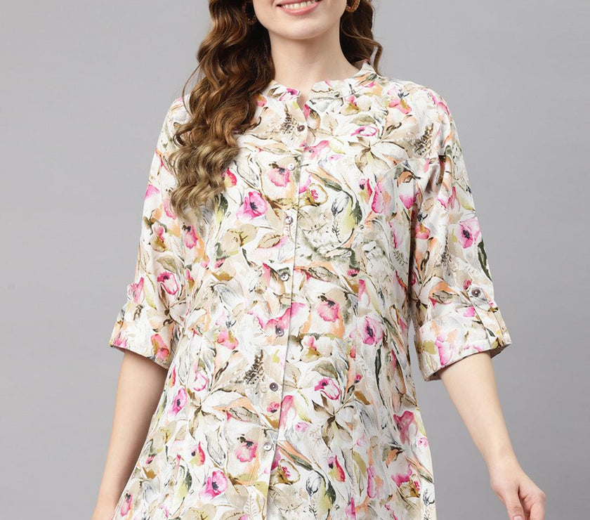 Divena Multi Floral Rayon Shirt Style A-Line Top - divena world