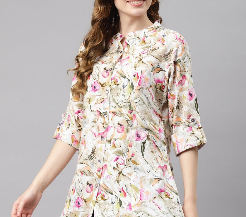 Divena Multi Floral Rayon Shirt Style A-Line Top - divena world