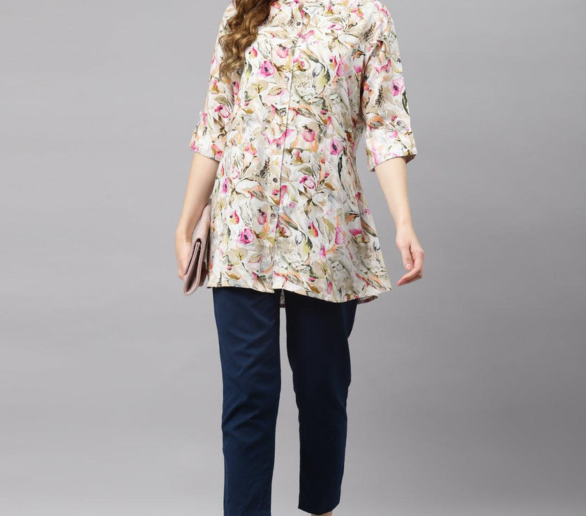 Divena Multi Floral Rayon Shirt Style A-Line Top - divena world