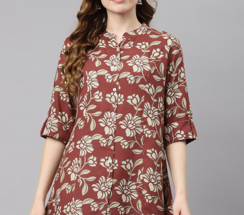 Divena Maroon Floral Rayon Shirt style A-line Top - divena world