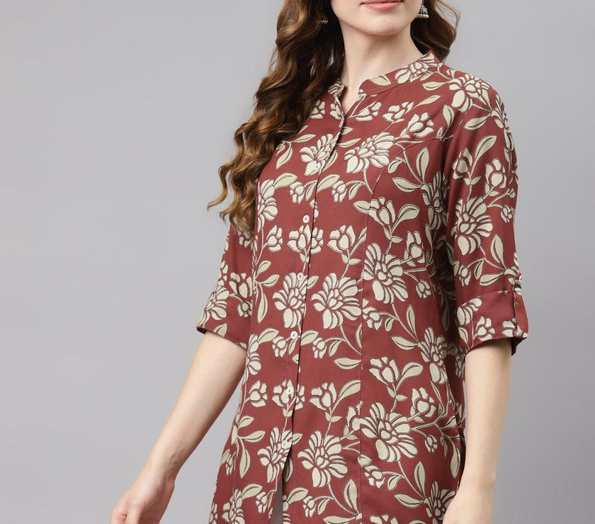 Divena Maroon Floral Rayon Shirt style A-line Top - divena world