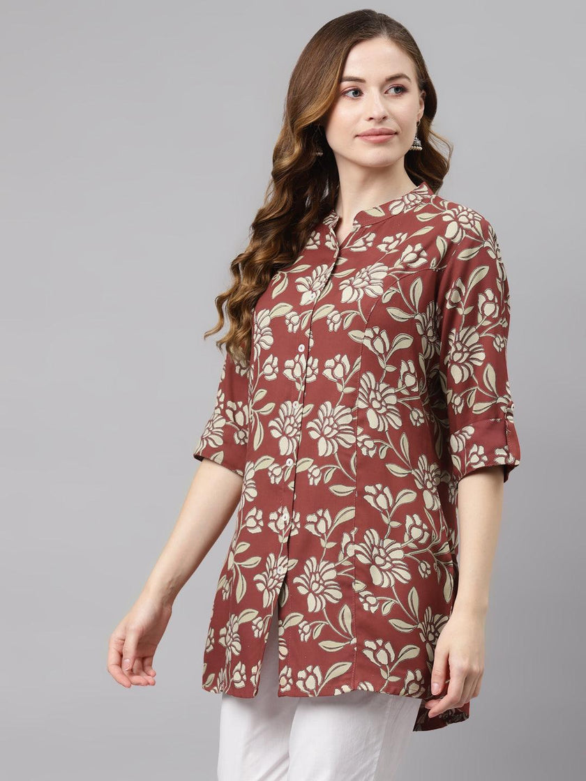 Divena Maroon Floral Rayon Shirt style A-line Top - divena world