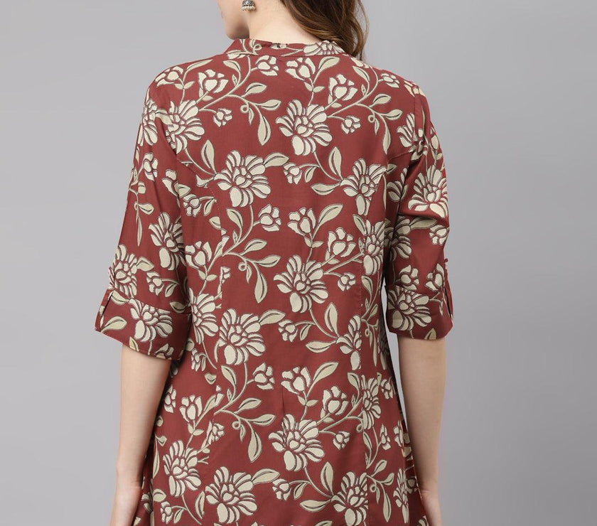 Divena Maroon Floral Rayon Shirt style A-line Top - divena world