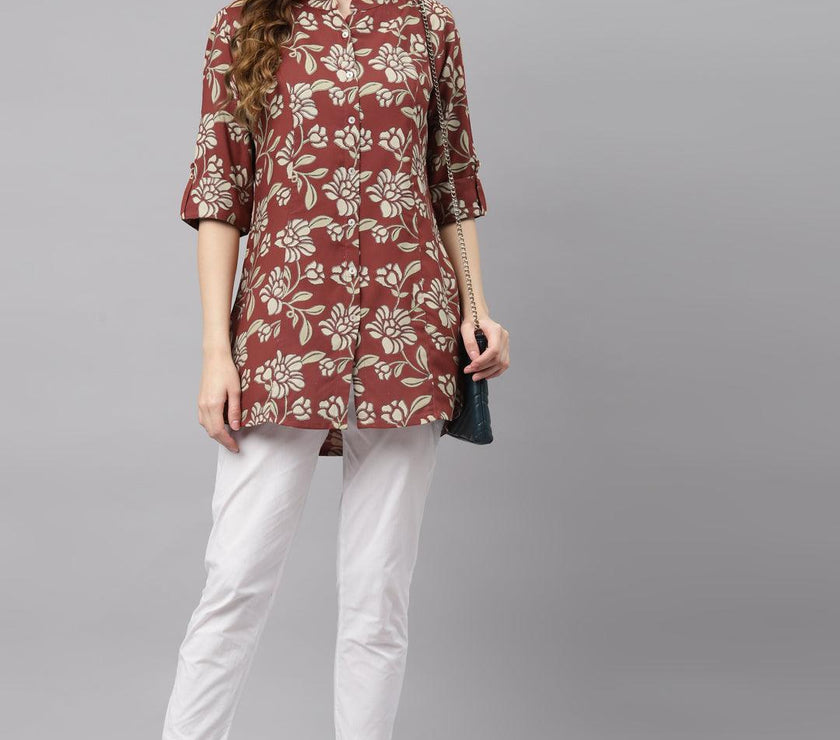 Divena Maroon Floral Rayon Shirt style A-line Top - divena world