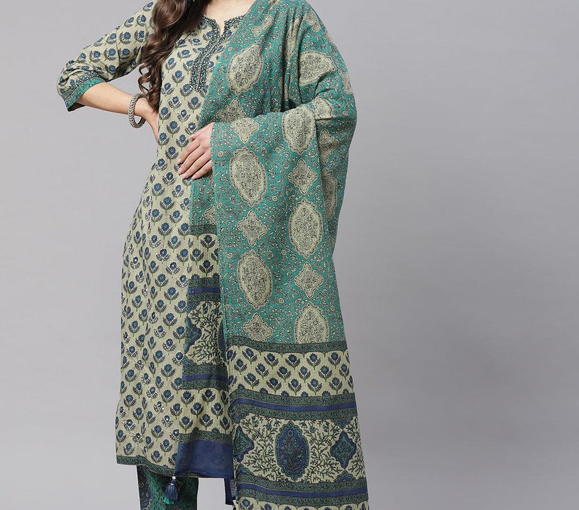 Divena Green Cotton Straight Kurta Pant Set With Dupatta - divena world