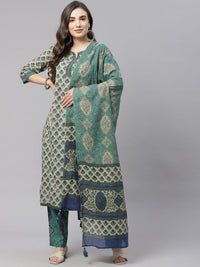 Divena Green Cotton Straight Kurta Pant Set With Dupatta - divena world