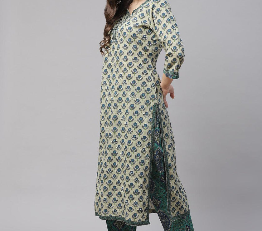 Divena Green Cotton Straight Kurta Pant Set With Dupatta - divena world