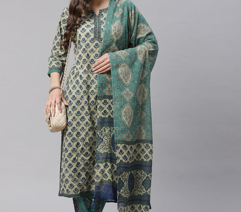 Divena Green Cotton Straight Kurta Pant Set With Dupatta - divena world