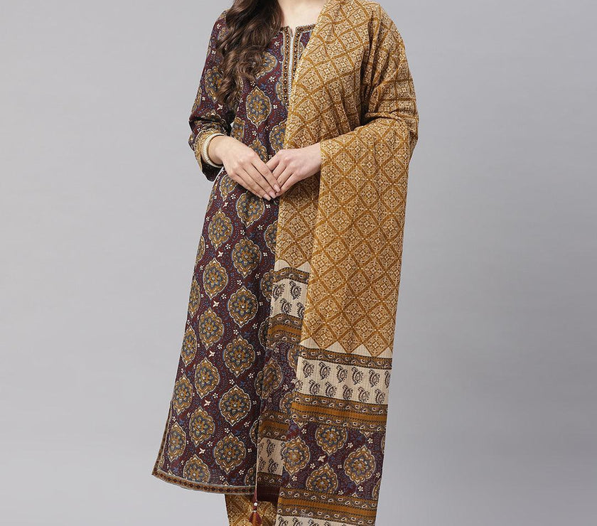 Divena Brown Cotton Straight Kurta Pant Set With Dupatta - divena world