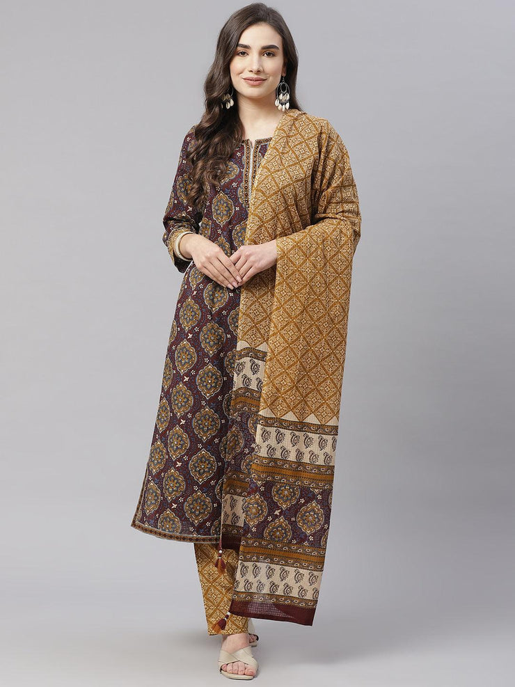 Divena Brown Cotton Straight Kurta Pant Set With Dupatta - divena world