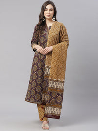 Divena Brown Cotton Straight Kurta Pant Set With Dupatta - divena world