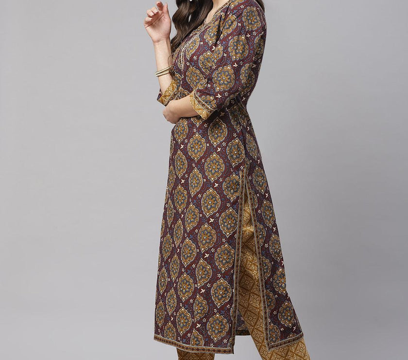 Divena Brown Cotton Straight Kurta Pant Set With Dupatta - divena world