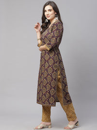 Divena Brown Cotton Straight Kurta Pant Set With Dupatta - divena world