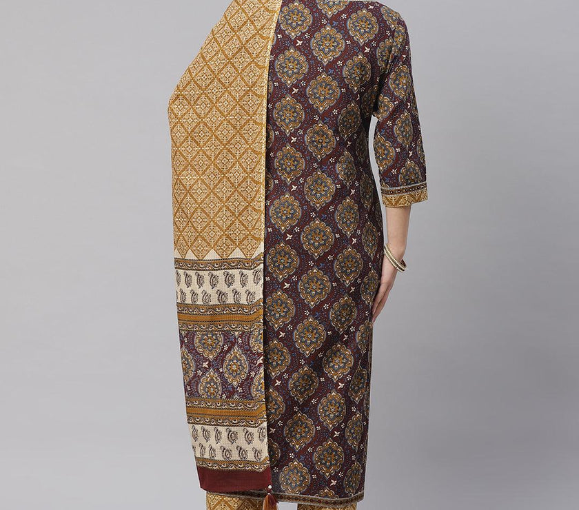 Divena Brown Cotton Straight Kurta Pant Set With Dupatta - divena world