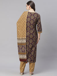 Divena Brown Cotton Straight Kurta Pant Set With Dupatta - divena world