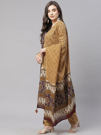 Divena Brown Cotton Straight Kurta Pant Set With Dupatta - divena world