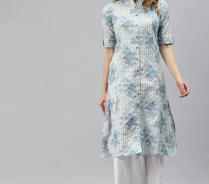 Divena Off White And Blue Floral Printed Cotton A-Line Kurta - divena world