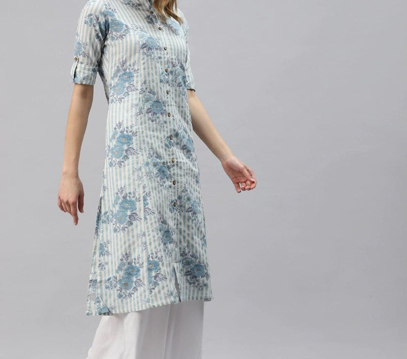 Divena Off White And Blue Floral Printed Cotton A-Line Kurta - divena world