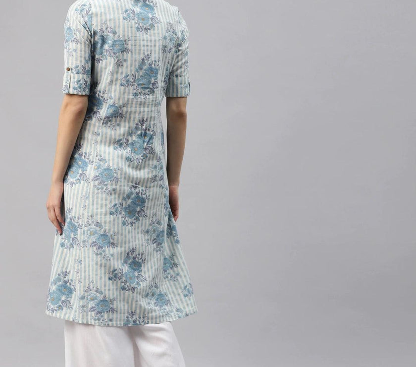 Divena Off White And Blue Floral Printed Cotton A-Line Kurta - divena world