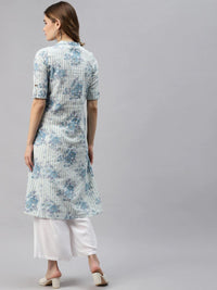 Divena Off White And Blue Floral Printed Cotton A-Line Kurta - divena world