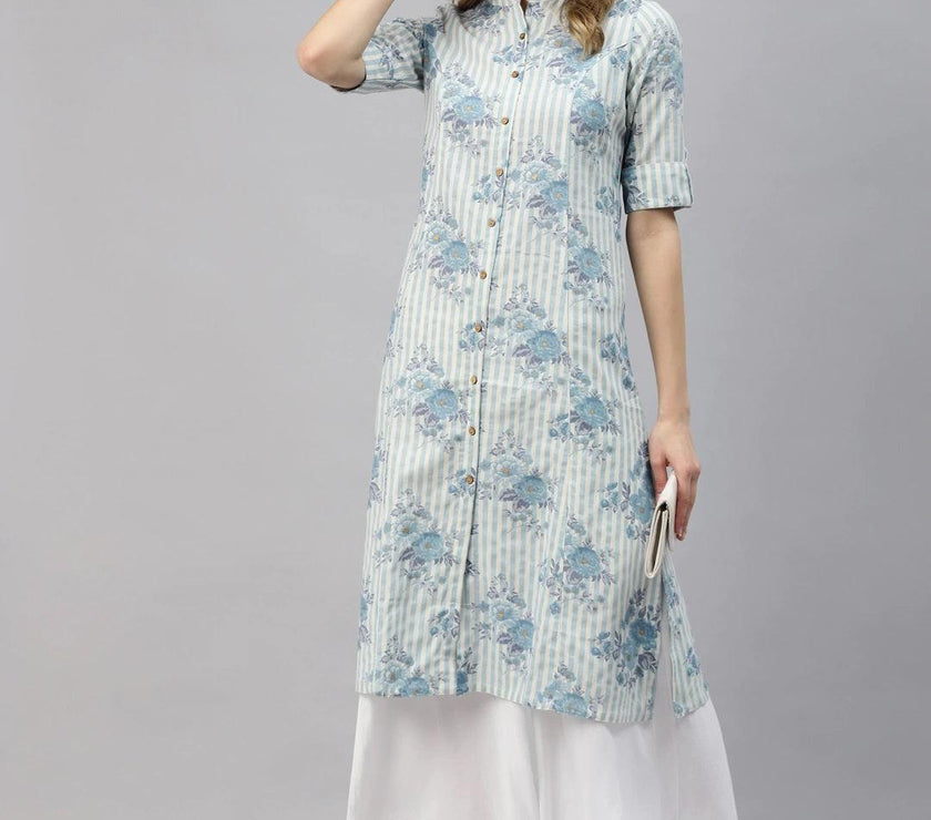 Divena Off White And Blue Floral Printed Cotton A-Line Kurta - divena world