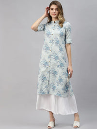 Divena Off White And Blue Floral Printed Cotton A-Line Kurta - divena world