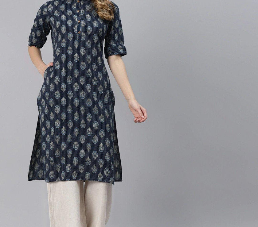 Divena Indigo Blue Cotton Straight Kurta - divena world