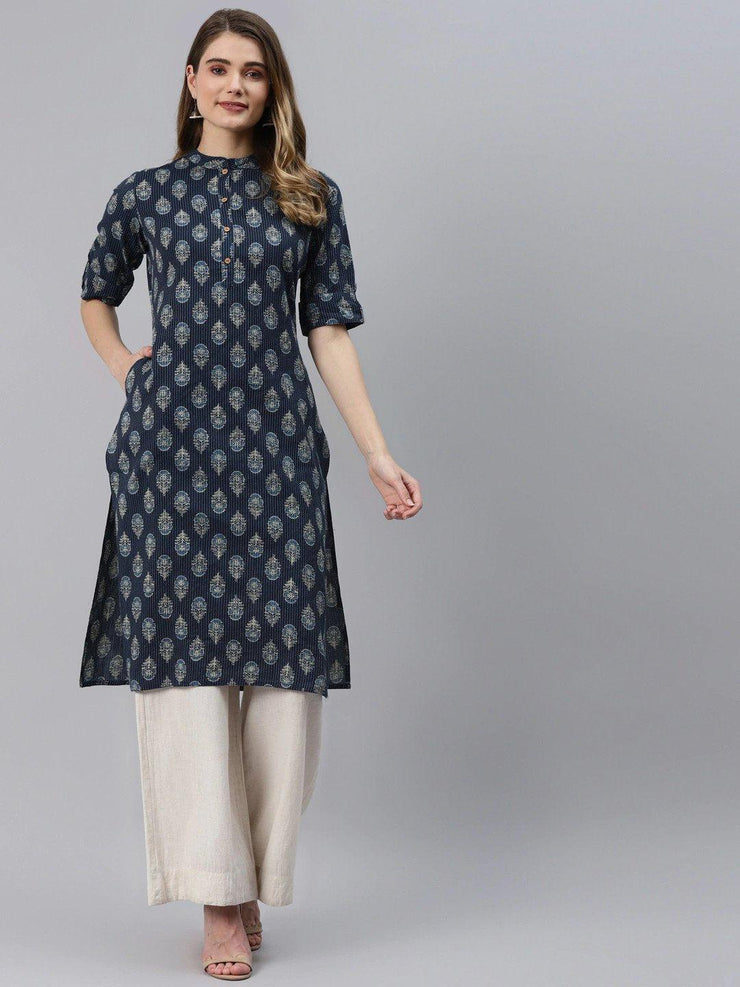 Divena Indigo Blue Cotton Straight Kurta - divena world