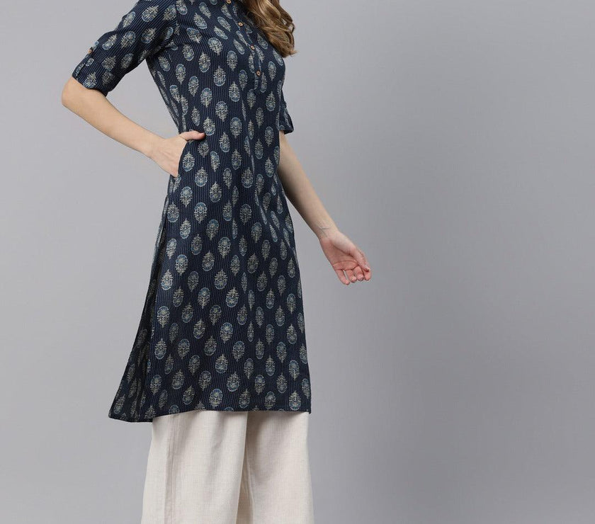 Divena Indigo Blue Cotton Straight Kurta - divena world